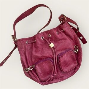 Ted Baker Fuchsia Crinkled Leather Chunky Chain Drawstring Shoulder Bag Y2K